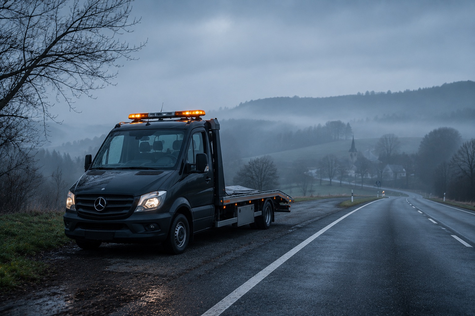 Abschleppwagen auf nebliger Landstraße in Ostwestfalen-Lippe