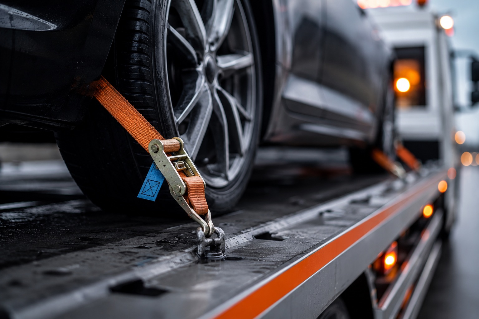 Detailaufnahme der orangefarbenen Spanngurt-Sicherung eines Fahrzeugs auf der Abschlepp-Plattform