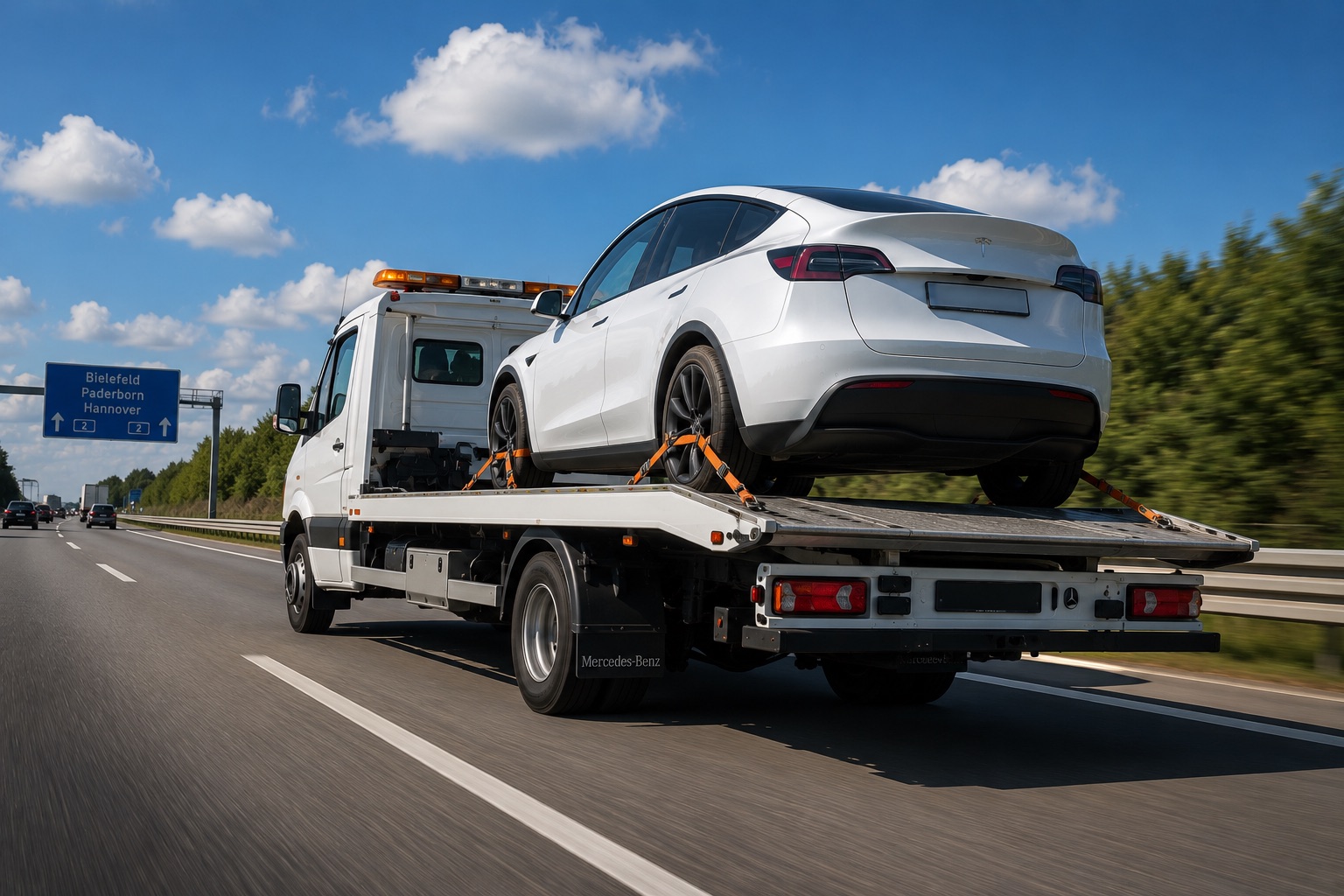 Weißer Tesla auf einem Mercedes-Sprinter-Abschleppwagen auf der Autobahn